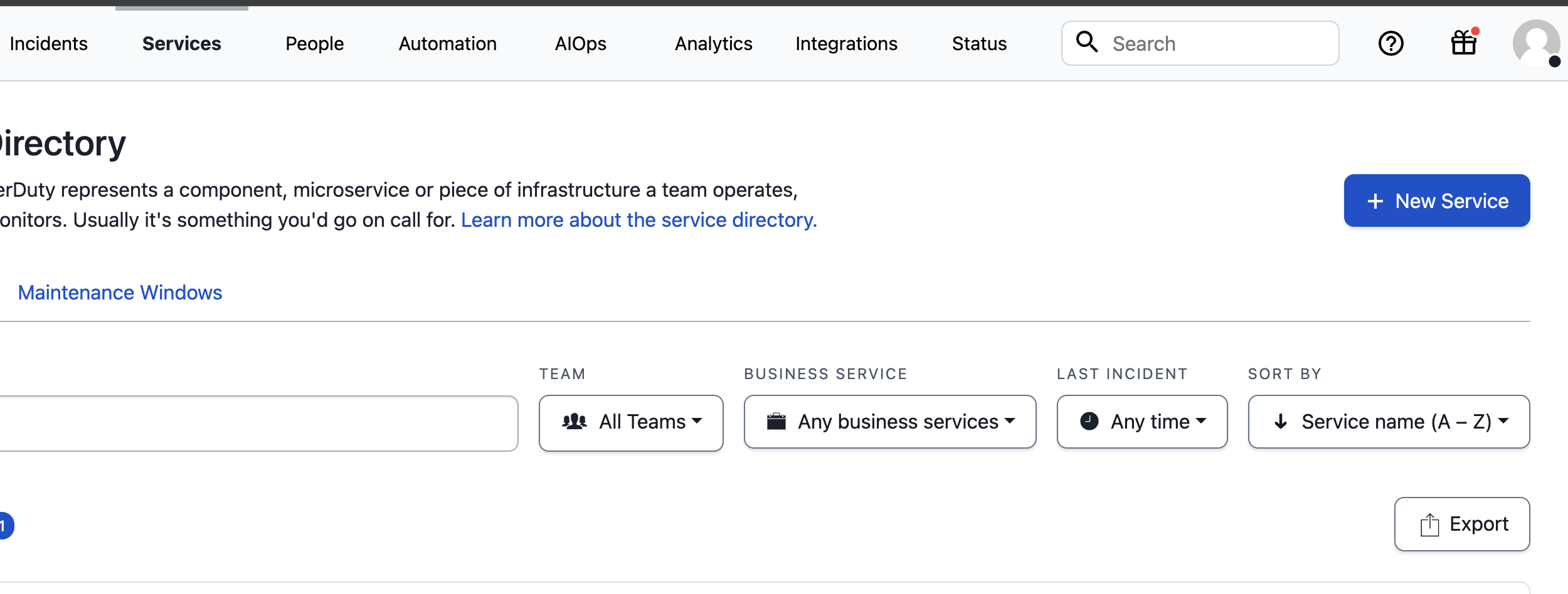 PagerDuty service directory screenshot